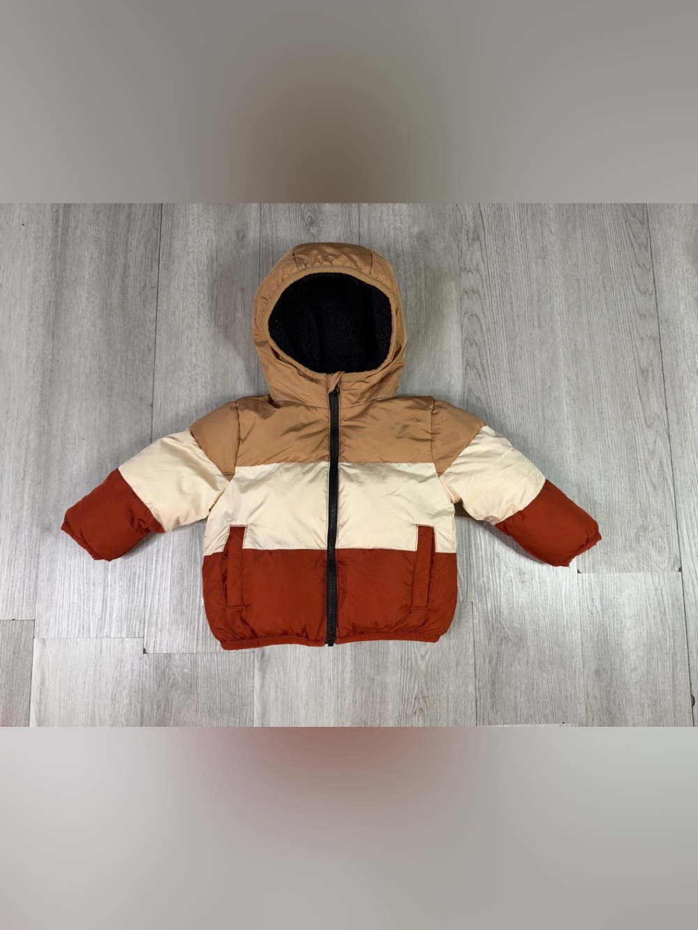 SwissTech hooded full zip puffer jacket w/ pockets brown beige cream 18M